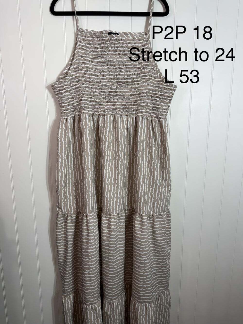 Mexx XL Smocked Maxi Dress Beige White Tiered Sleeveless Pockets